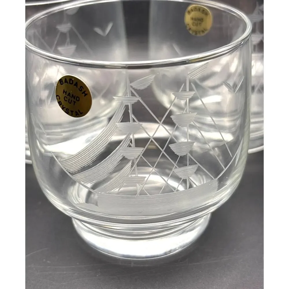 Vintage Badash Hand-cut Crystal Glasses/ Whiskey Glass Clipper Ship Design Set 4